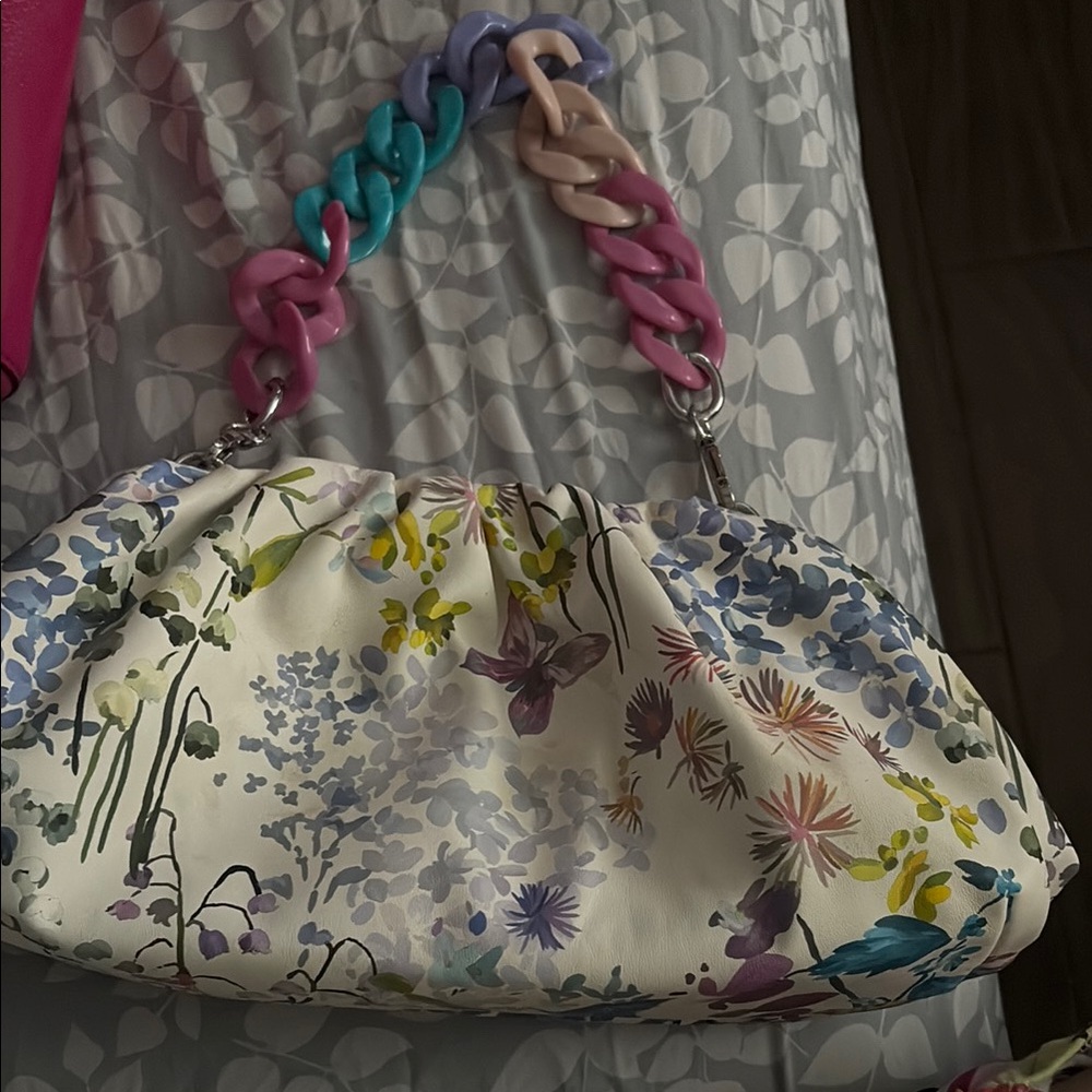 INC International Concepts White and Pink Shoulder Bag with Floral Design